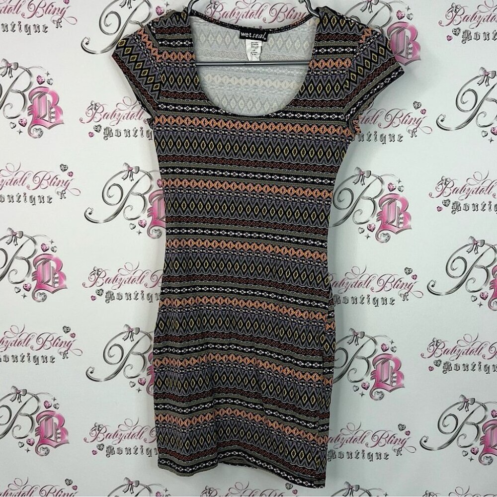 Wet seal dress y2k stretchy bodycon Aztec bohoMulticolor Geometric Pattern Dress